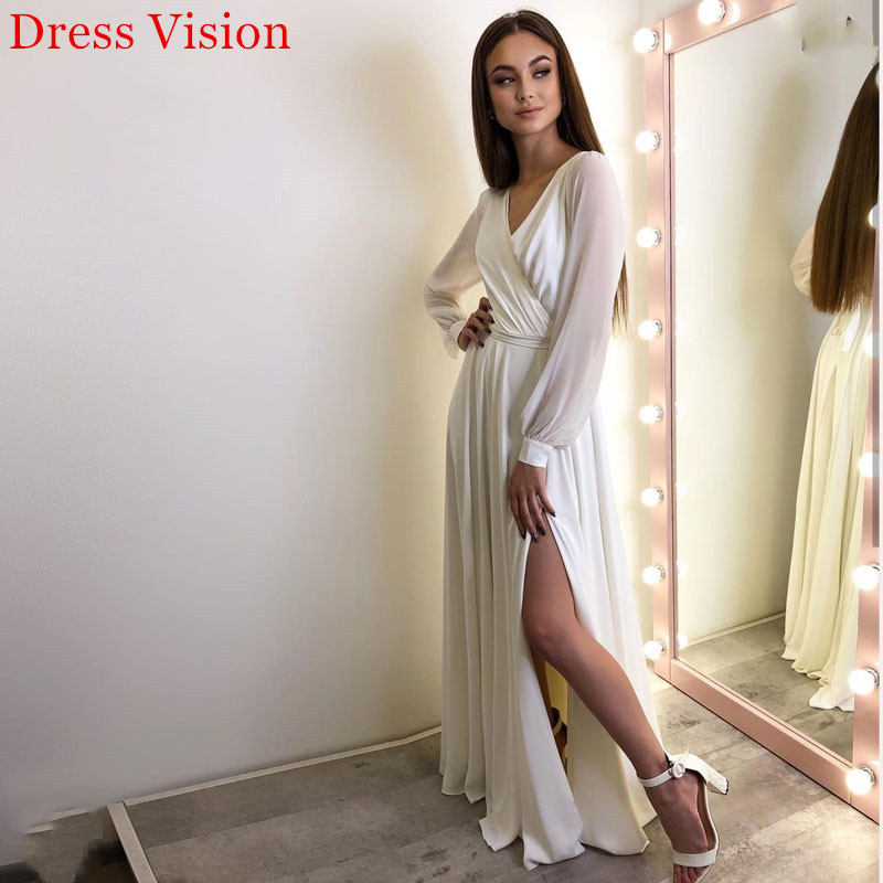

Wedding Dress Simple Chiffon V-neck Long Sleeves Robe De Mariage suknia lub Vestidos De Novia Bride To Be Wedding Gown, White