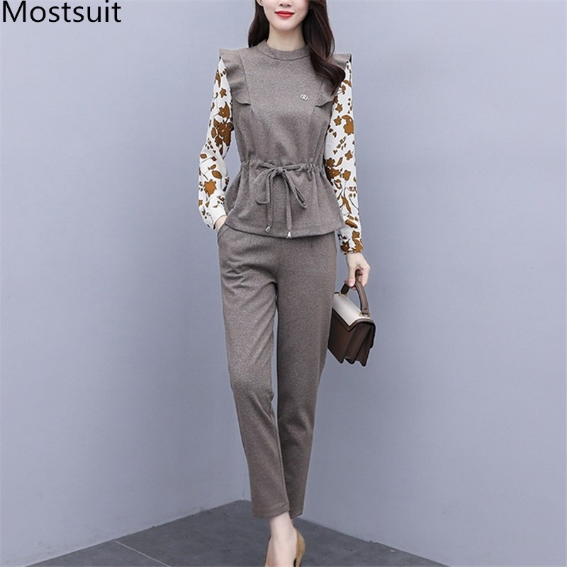 

Autumn Office Elegant Two Piece Sets Women Fake Tops Tunics + Ankle-length Pants Suits Fashion Ladies 210518, Picture color