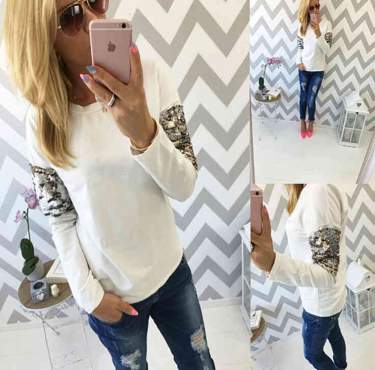 

Women's Hoodies & Sweatshirts Long Sleeve Sequence Female Crew Neck Autumn Winter Outerwear Pullovers KINC, White