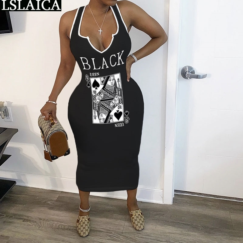 

Tank Dresses for Women Summer Fashion Poker Print Sleeveless V Neck Ladies Maxi Sexy Bodycon Club Vestido De Mulher 210520, Black