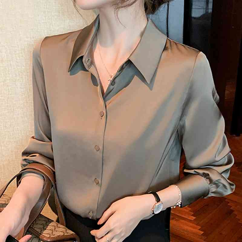 

Long Sleeve Solid Women Shirt Blouse Women Blusas Mujer De Moda Turn Down Collar Chiffon Blouse Shirt Women Tops Blusa E401 210602, Gray-green
