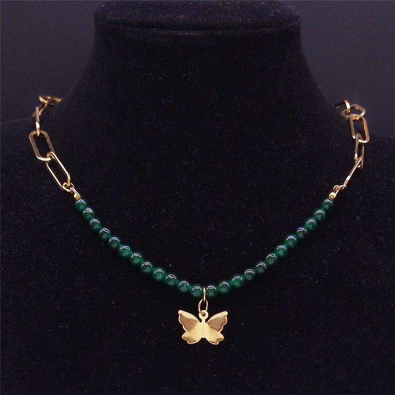

Pendant Necklaces Green Natural Stone Stainless Steel Butterfly Charm For Women/Men Gold Color Jewelry Bijoux Femme NY52S04