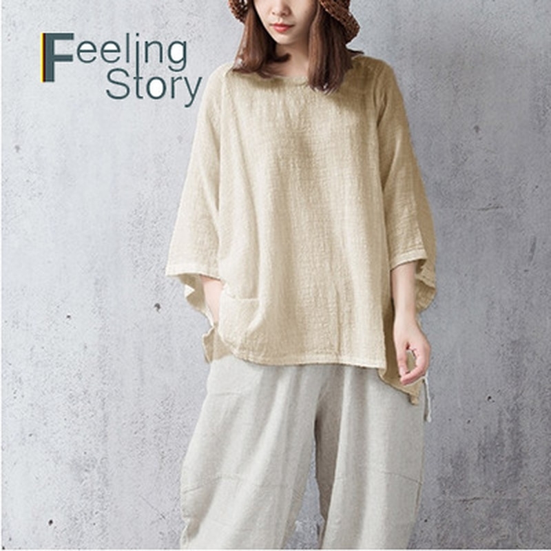 

Vintage Cotton Linen Blouse Womens Tops and s Plus Size Loose O Neck Long Bat Sleeve Shirt for Ladies 210603, White