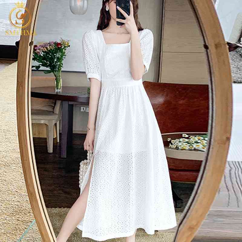 

Hollow Out White Blue Lace Cotton Dress Robe Women Design Embroidery Elegant Chic Summer Backless Vestidos 210520, Photo color
