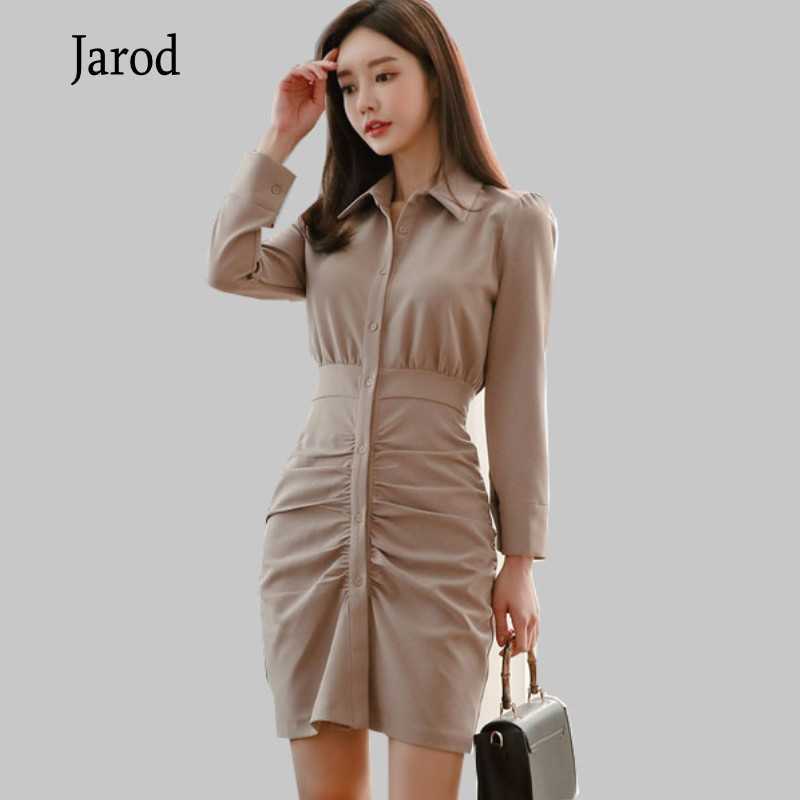 

Korea fashion Single-breasted Ruched Shirt Dress Women Spring OL Turn-down Collar Work Wear Solid Color Pencil Vestidos 210526, Picture color