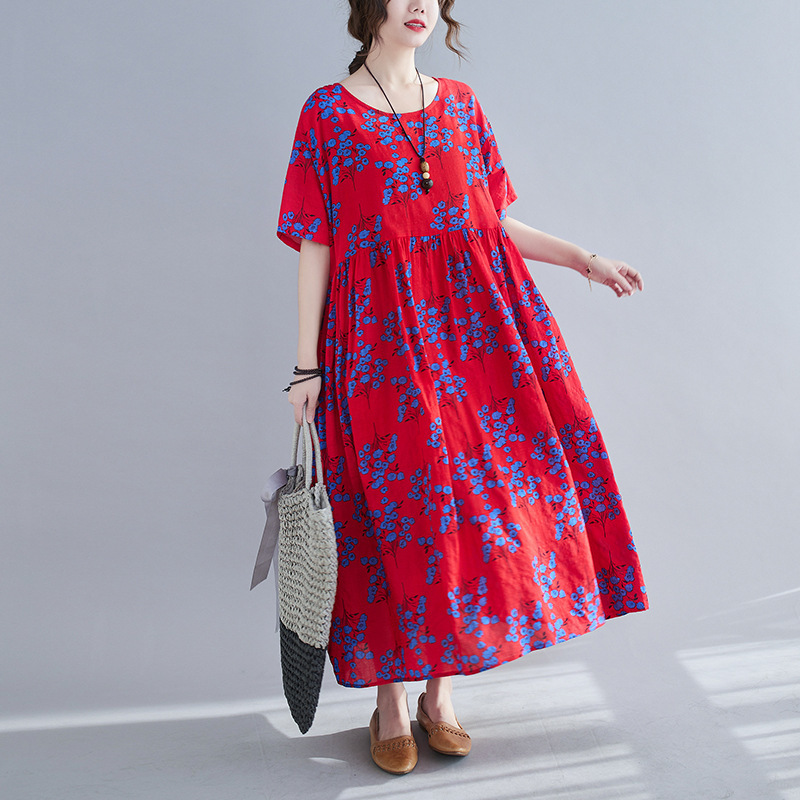 

Johnature Vintage Red Print Ankle-length Summer Dresses Casual O-Neck Half Sleeve Loose Women Mori Glirl Dresses 210521