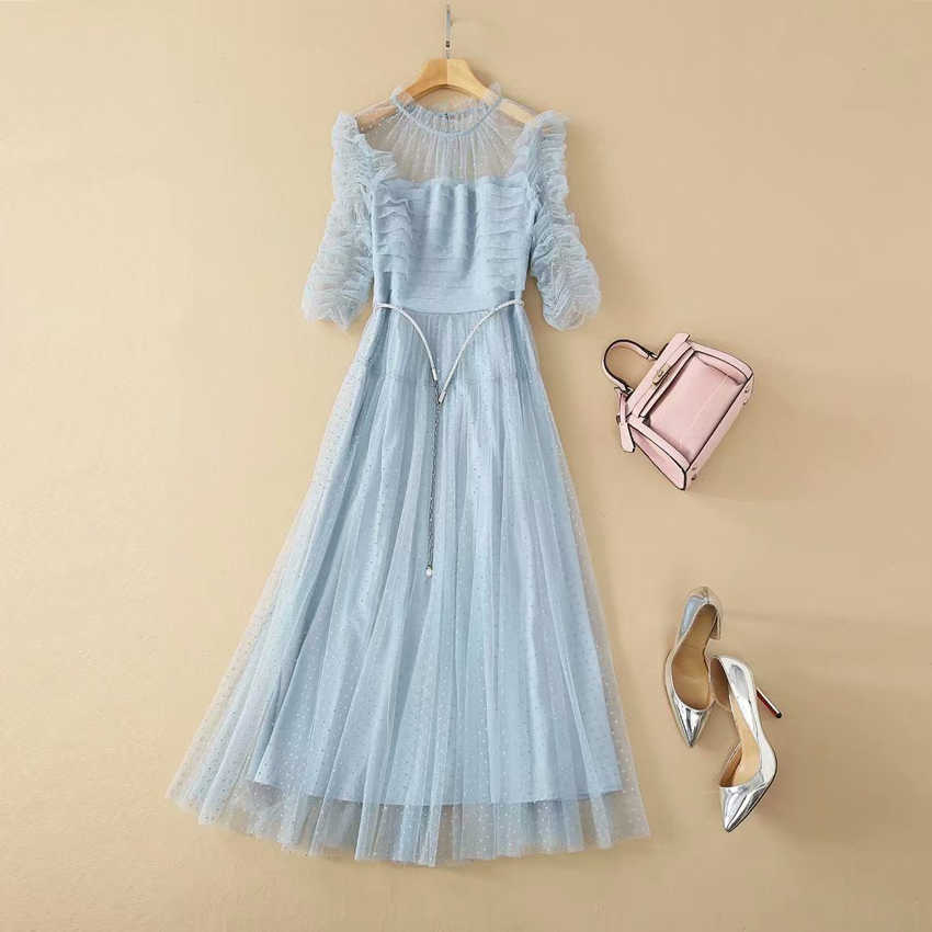 

est High Quality Designer Runway Fashion Women's Half Sleeve Sweet Ruffles Beading Belt Sky Blue Mesh Dot Long Dress 210526