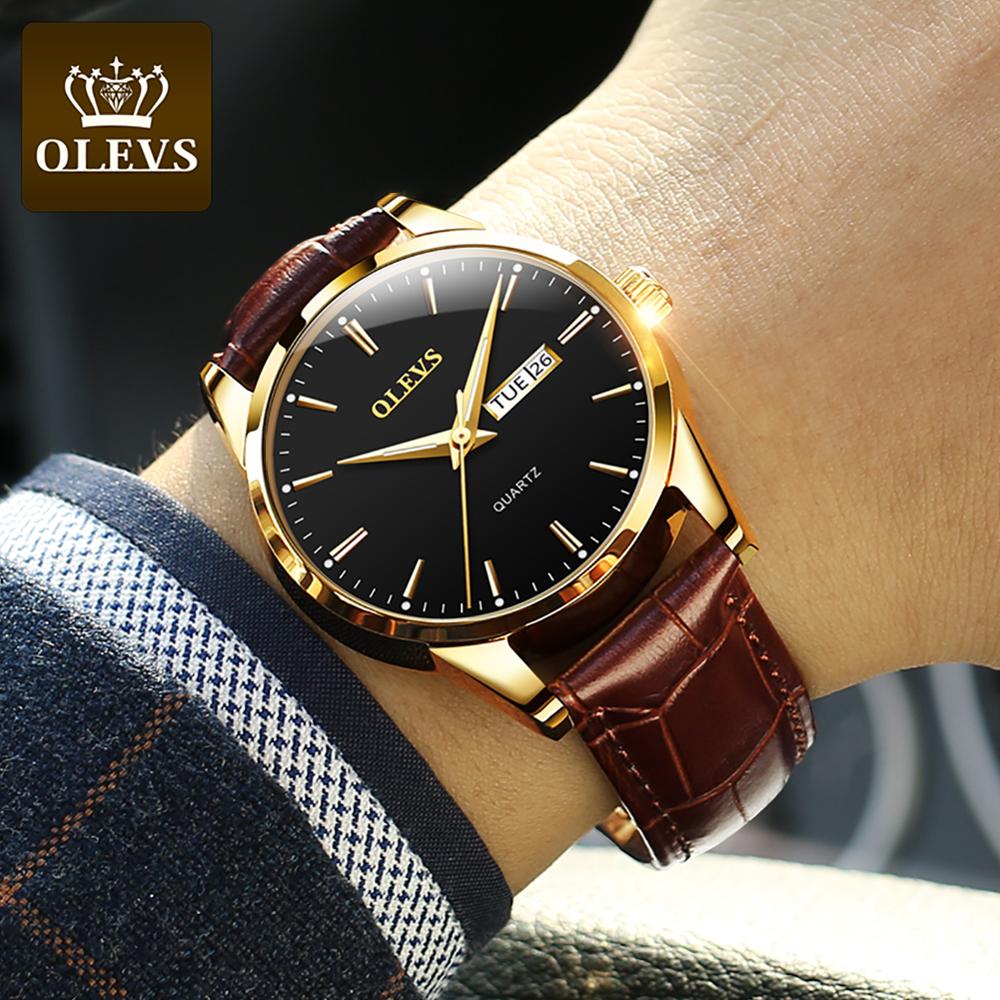 

OLEVS Top Brand Men Classic Quartz Waterproof Watch Leather Strap Business Popular Casual Men Watchg, All black