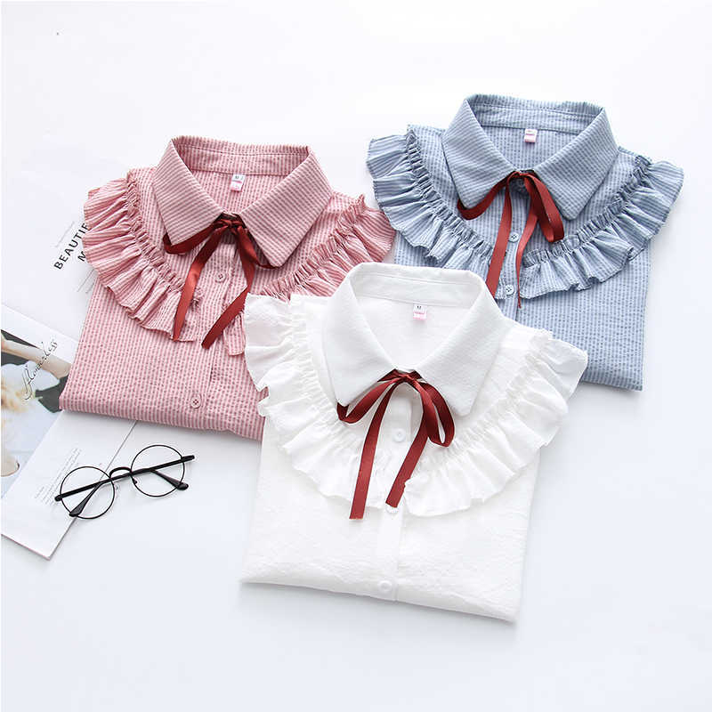 

Long Sleeve Loose Double Cotton yarn Female Shirts Autumn Women Blouse Literary Ruffle bow Solid Turn-Down Collar Tops 210604, Blue