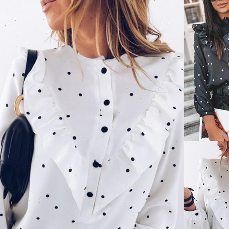 

Office Polka Dot Print Womens Shirt Long Sleeve Cuff Tied Buttons Ruffled Turn down Collar Work, White