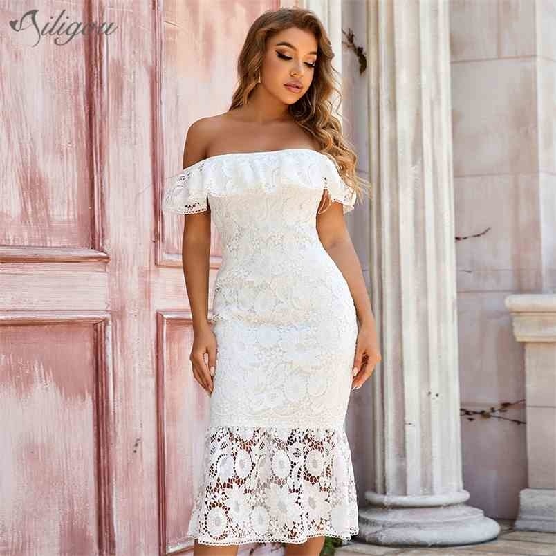 

Summer Off Shoulder Ruffle Bandage Dress Sexy White Lace Midi Women's Club Celebrity Party Bodycon 210525