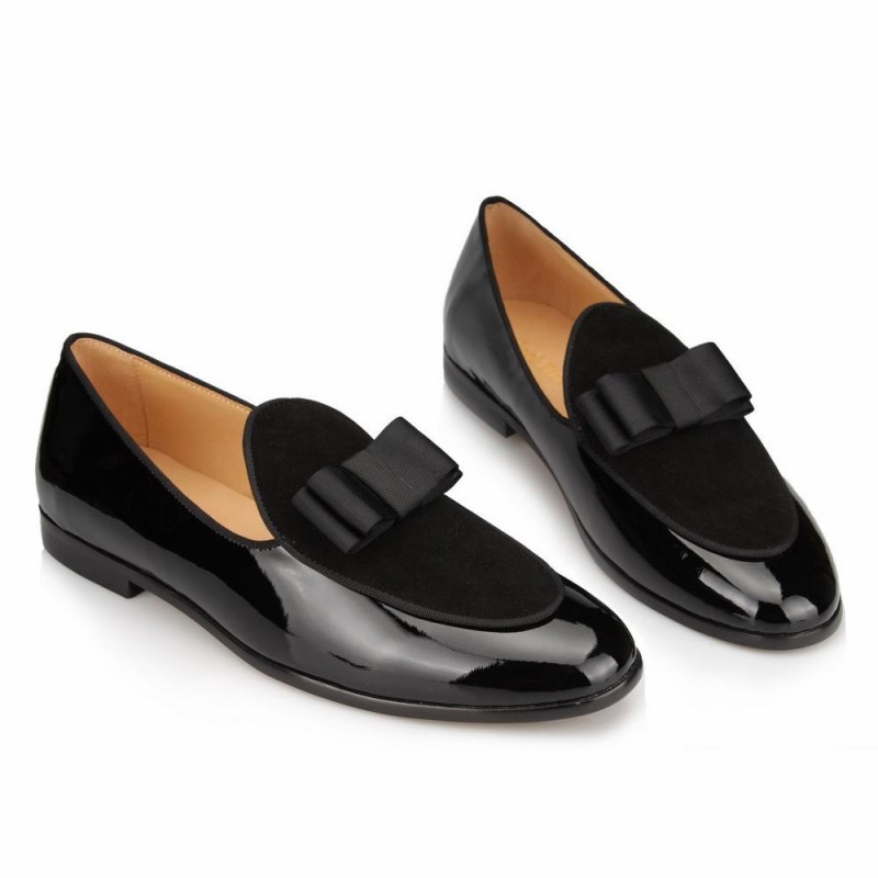 

Black Men Wedding Dress Shoes Flat heel Genuine leather Fashion Oxfords Bow tie Moccasins Hombre Sapatos