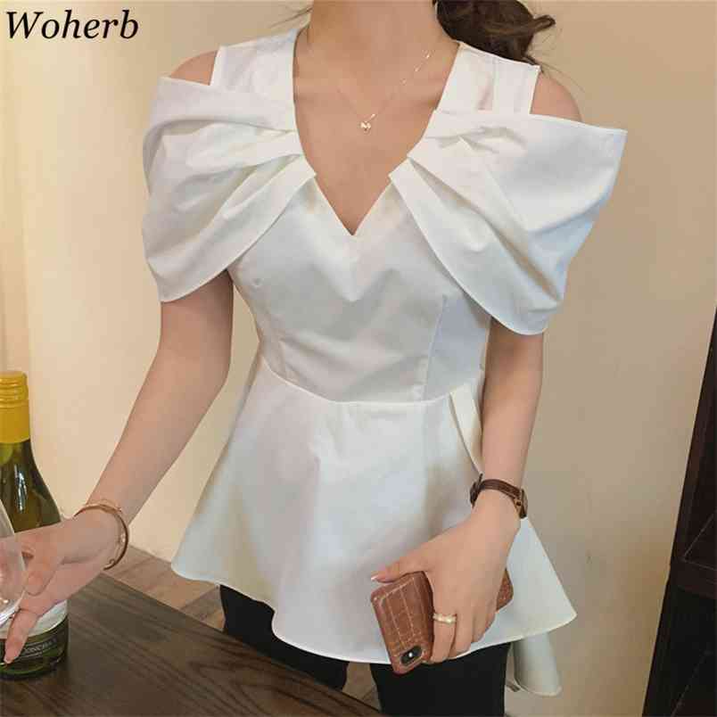 

Korean Off Sohulder Blouses Short Sleeve Women V-neck Asymmetrical Fashion Tops Blusas Mujer Summer White Shirt 210519