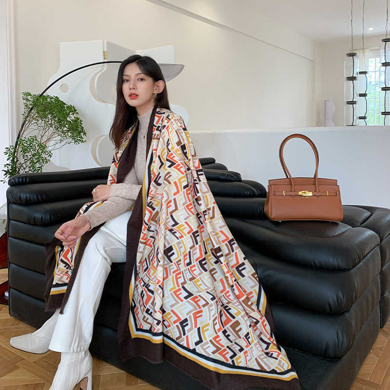 

2021 Cloud Veet f Letter Printed Long Imitation Cashmere Shawl Women's Versatile Fashion Double-sided Scarf Women