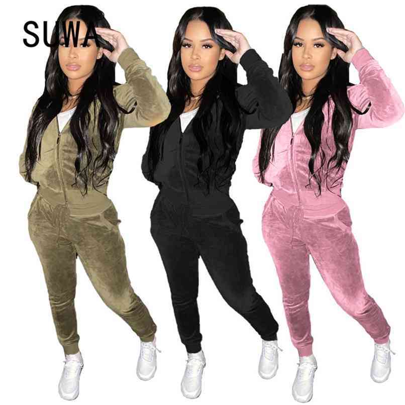 

High Street Fashion Velvet Matching Sets Womens Outfits Long Sleeve Zipper Casual Jacket Top Jogger Leggings Sports 2 Pieces 210525, Black