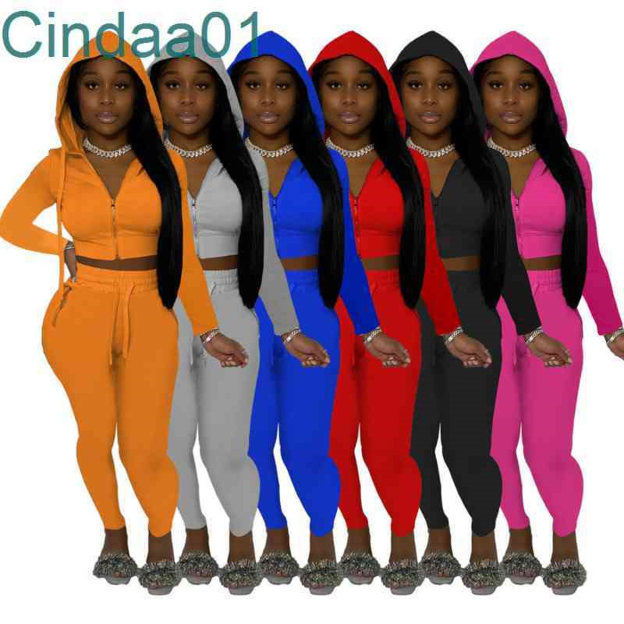 

Women Tracksuits Two Pieces Set Designer Outfits Sexy Zipper Jacket Autumn Winter Hooded Long Sleeve Pants Solid Colour Sportwear, Orange-6