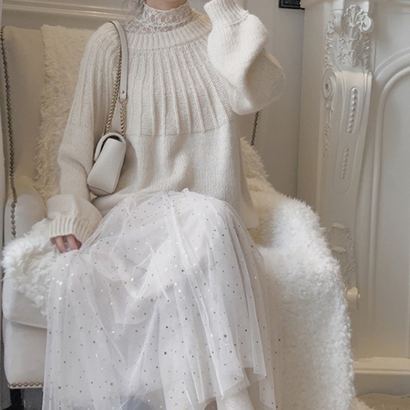 

ZAWFL Spring Autumn Women Long Sleeve Knitted Sweater + Mesh Pleated Midi Skirt Set Female Casual 2 Piece Suit 210525