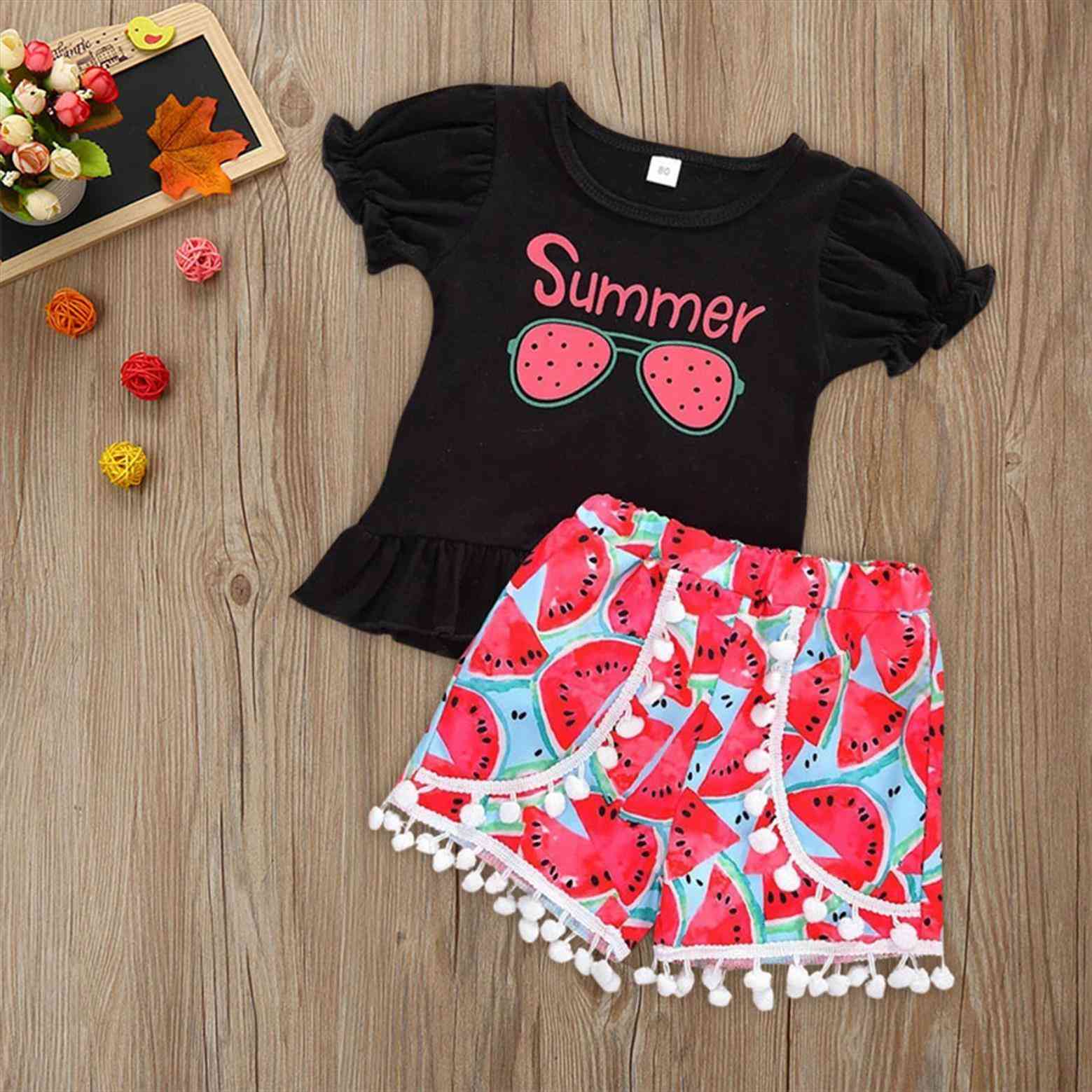 

watermelon outfits set fashion spring autumn toddler kids baby girls letter t shirt floral sleeveless 2pcs solid color, White
