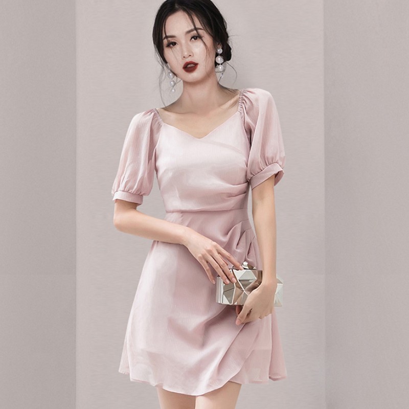 

Women' Dress Summer Elegant V-Neck Puff Sleeve Chiffon Mini Dress Female Ruched Slim Waist A-Line Dress 210518, Photo color