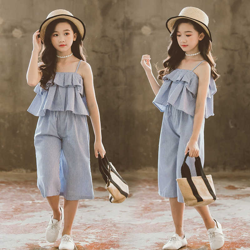 

Teenage Girls Clothing Sets Kids Summer Clothes for Girls Backless Ruffle Cotton Top +Wide Leg Pants 2Piece Outfits 8 10 12 Year X0902, Blue