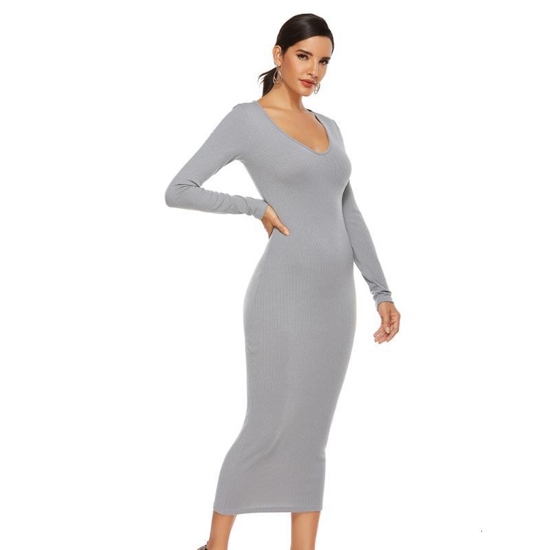

Casual Dresses Sexy V-neck Slim Women' Slimming Knitted Pit Strip Long-sleeved Bottoming Autumn Knit Winter Maxi es Bodycon Long, Gray