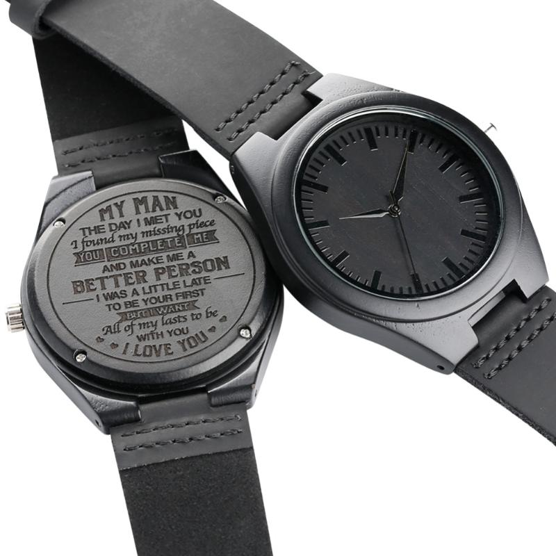 

Wristwatches Minimalist Nature Wooden Bamboo Black Leather Band Strap Wrist Watch Men Women Valentine's Day Gift For Lover, As pic