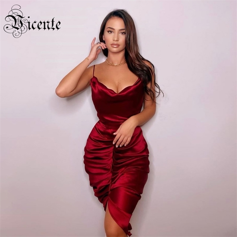 

Trendy Burgundy Draped Design Sexy Sleeveless Backless Celebrity Party Satin Midi Slip Dress 210520