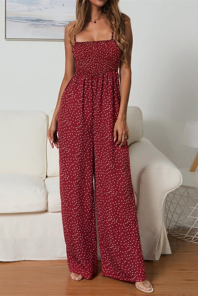 Women&#039;s Jumpsuits & Rompers 061132 Womens Polka-dot Print Bow-knot Straps Wide-leg Pants Boho Chi Loose Long Red Summer RQJ5-image-688451049