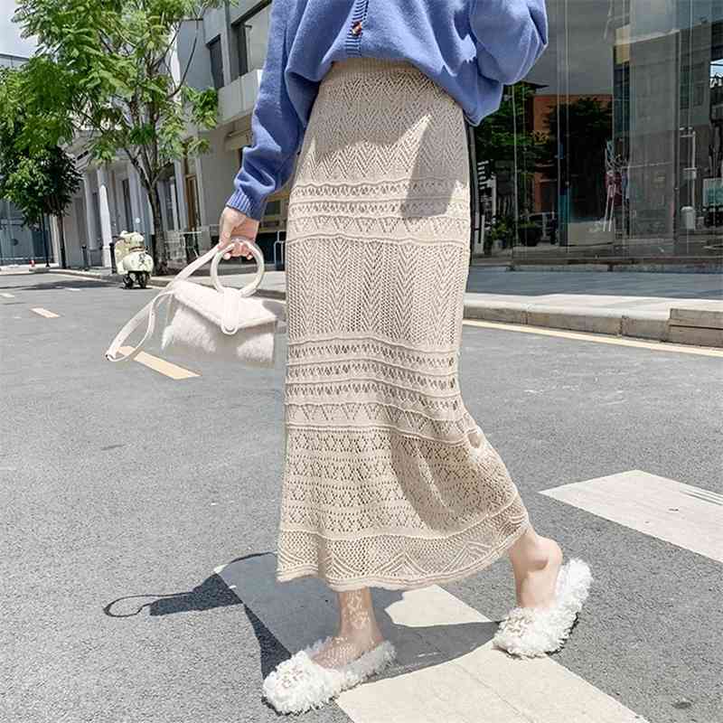 

Women Knit Hollow Out High Waist Knitted Skirt Female Autumn Winter Vintage Elegant Sweater Skirts 210520, Photo color