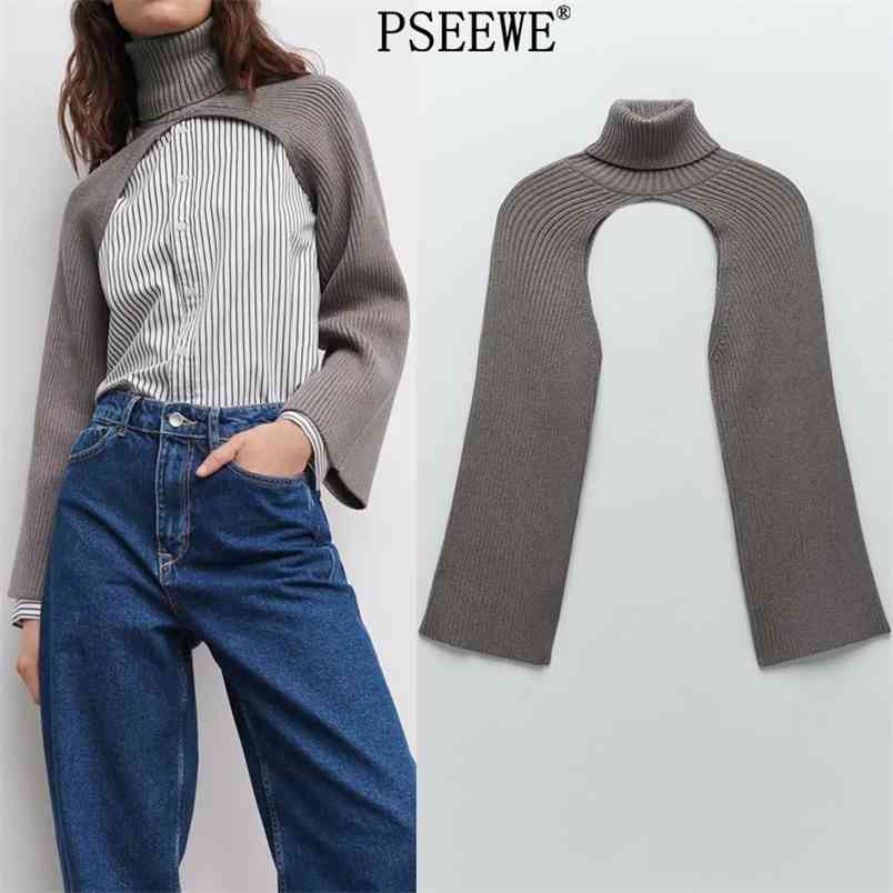 

Fashion Arm Warmers Turtleneck Knitted Women Sweater Wide Long Sleeve Rib Knit Top Female Warm Tunic Chic Pullovers 210519, Gray