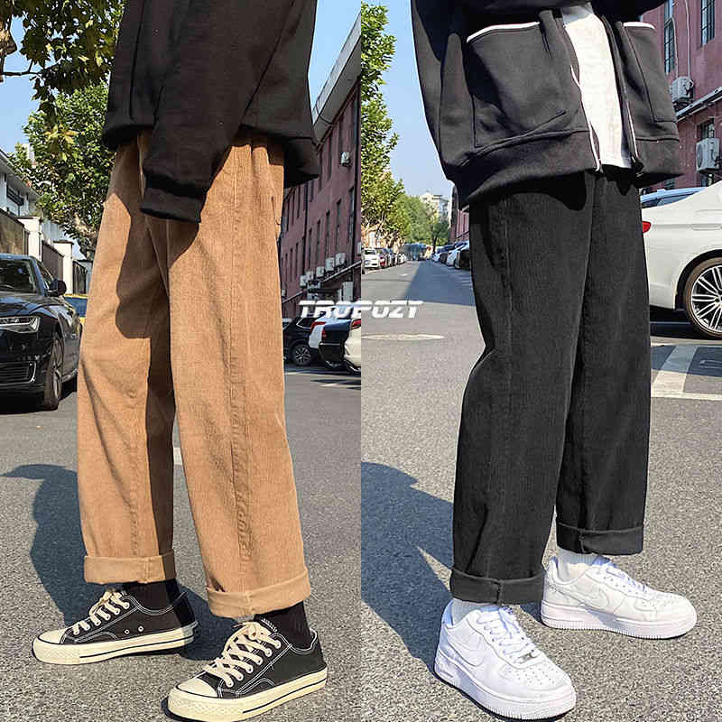 

men's pants cotton corduroy fashion retro straight wide-leg men streetwear loose hip-hop autumn casual mens s-2xl pr37, Black