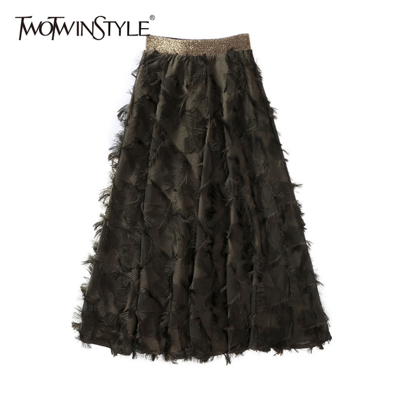 

Tassel Patchwork Skirt Women High Waist Elastic A Line Zipper Midi Skirts For Fashion Large Size Clothes 210521, Green