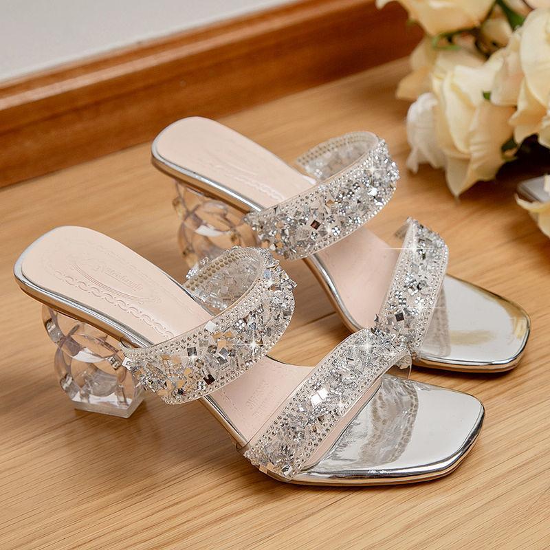 

Slippers 2021 Summer Fashion Sandals Crystal Diamond Thick High Heels, Black