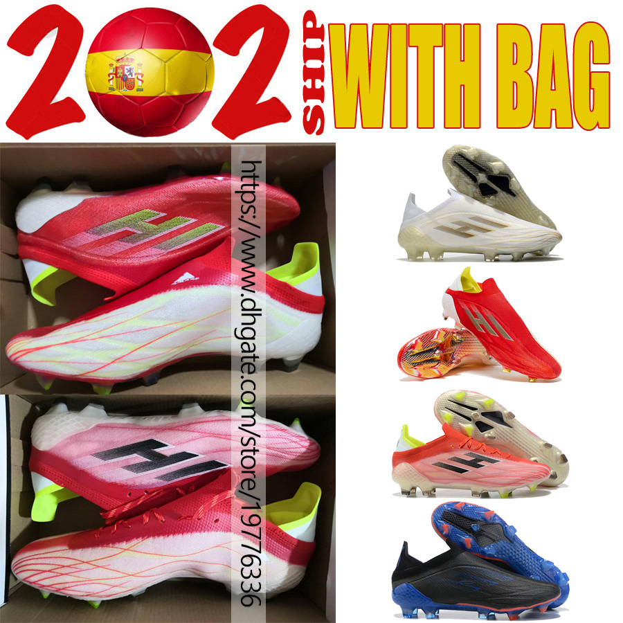 

+Bag Mens Boots X Speedflow FG Laceless Soccer Shoes Plating Sole Leather Outdoor Low Football Cleats Red White Champagne Footwear Size US6.5-11.5, Shoes original box