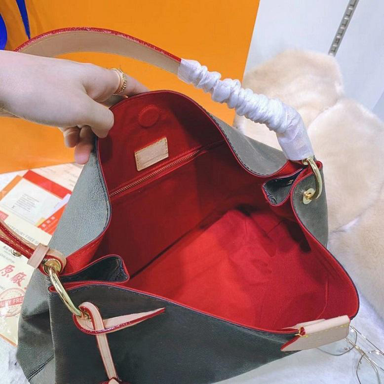 

High Quality Fashion Classic Bags All-match Onthego Medium Tote Women Handbags By The Pool Monograms embossing Shoulder Bag #6666, Brown flower/inner red