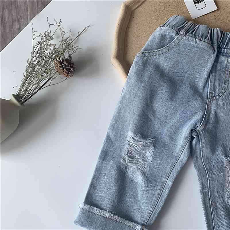 

Fashion boys ripped jeans spring girls korean style Frilled denim pants 1-6 years kids trousers 210708, Blue