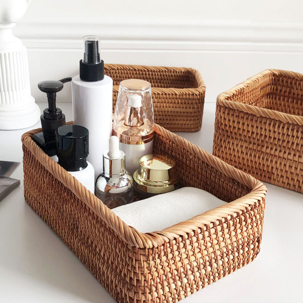 

Hand Woven Rattan Wicker Basket Fruit Tea Snack Bread Picnic Cosmetic Rectanguar Storage Box Househod Kitchen pies