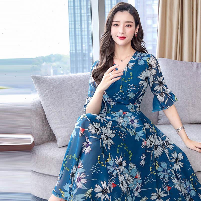 

H40 Fashion Floral Print Slim Womens Skirts A Line Dress Elegant Maxi Long Women V Neck Short Sleeve Chiffon Party, Black