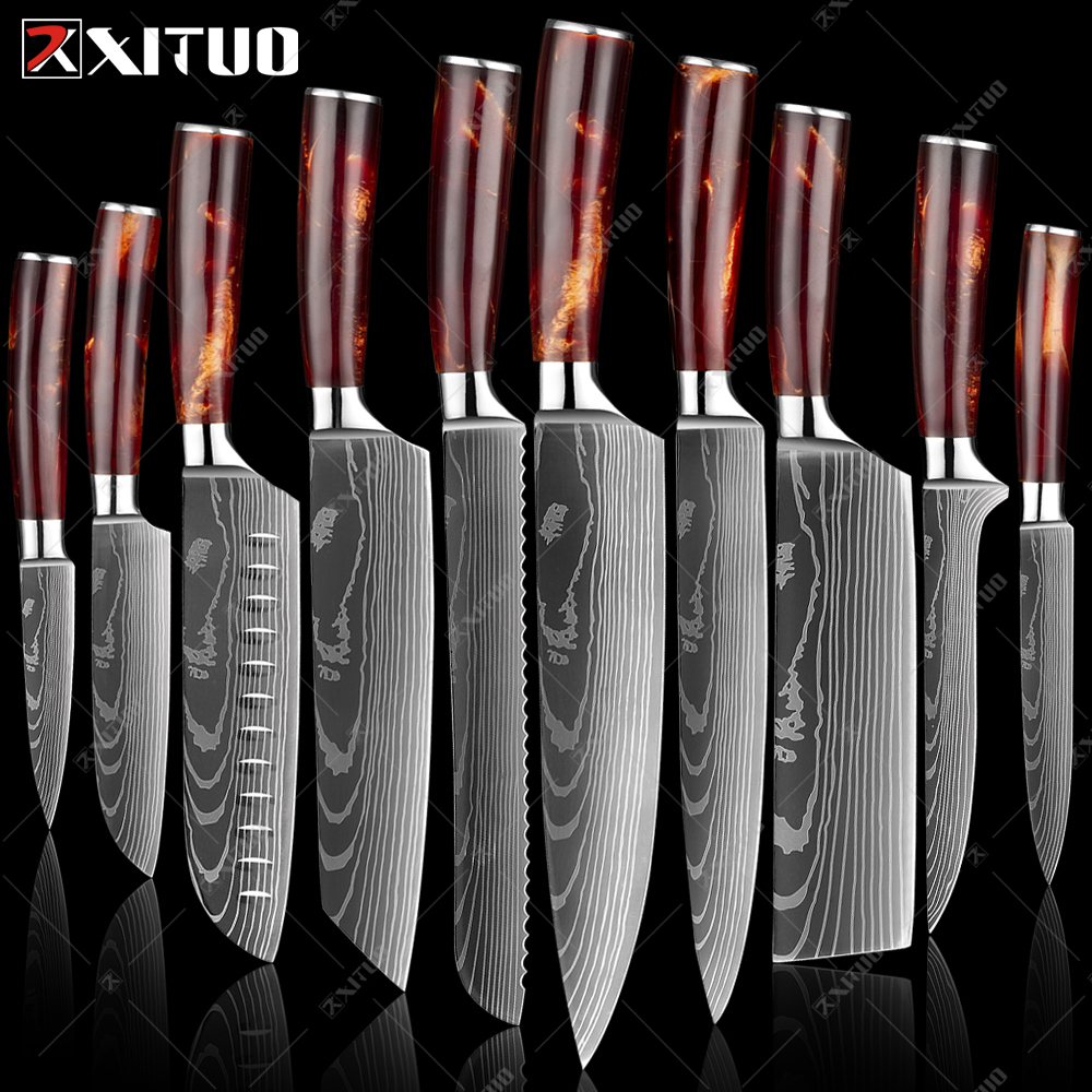 

XITUO 1-10PCS kitchen knives Set Laser Damascus pattern chef knife Sharp Santoku Cleaver Slicing Utility Knives Resin Handle