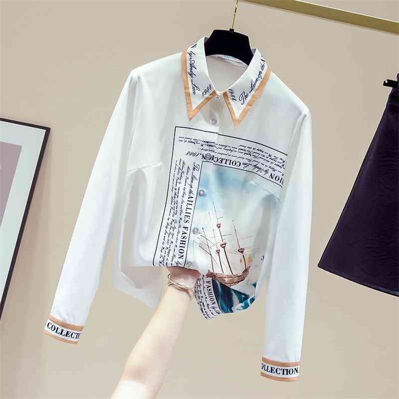 

Autumn Elegant Women's Turn Down Collar Retro Print Long Sleeves OL Shirts Female Office Ladies Shirt Blouse Tops A4062 210519, Beige