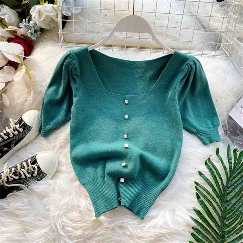 

Women Vintage Sweater Summer Sweet Puff Sleeve Slim Short Knitted Tops Woman Square Neck Button Pullover Pull Sweaters 210525