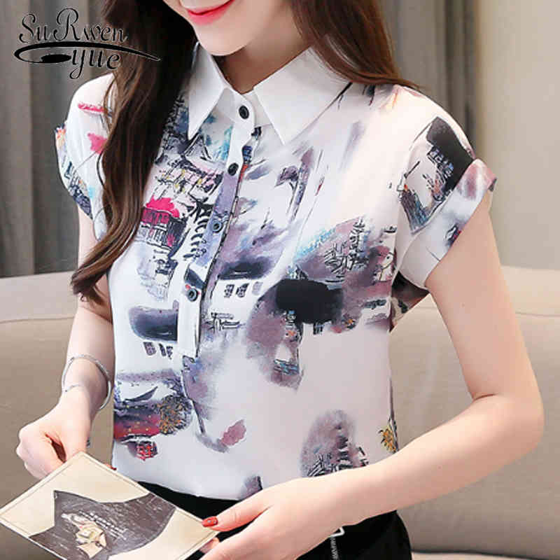 

Ladies Printed Blouse Fashion Summer Chiffon Short Sleeve Women Tops and Blosue Blusas Mujer De Moda 4770 50 210521, Photo