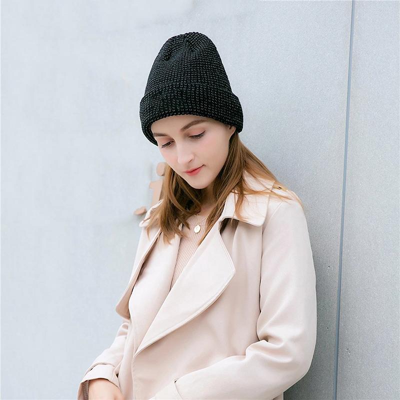 

Berets Reflective Beanie Hat Women Autumn Winter Cap Fashion Female Bonnet Warm Caps Brand Knitted Hats For Men 2021, Black