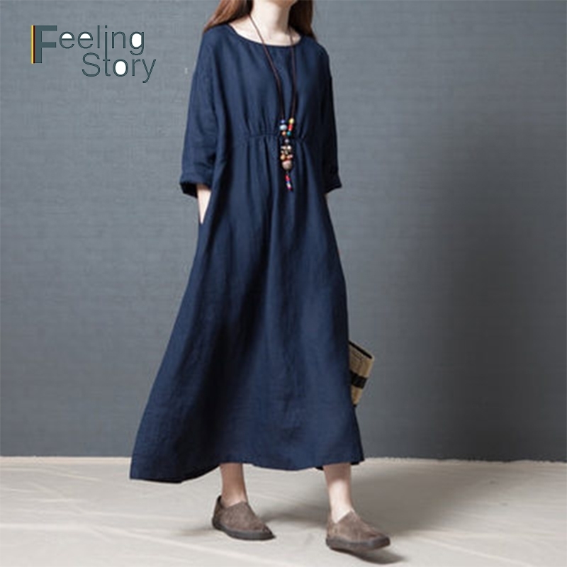 

Dress Women's Kaftan Cotton and Linen Long Sleeve Plain Casual es Oversized Maxi Shirt Women Plus Size 210603, Navy blue