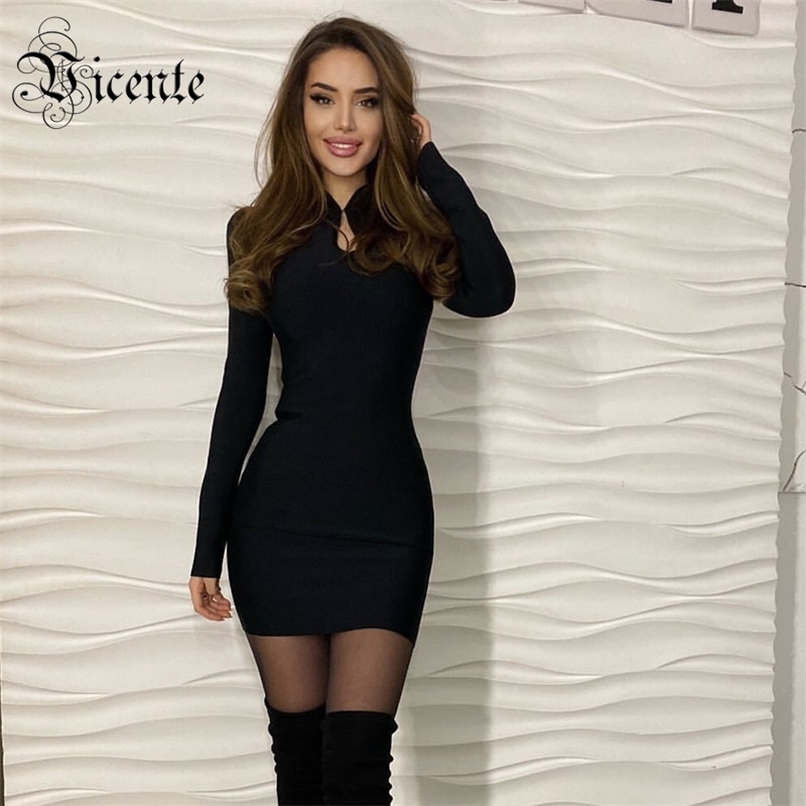 

Chic Key Hole Design Puff Sleeves Celebrity Party Club Bandage Mini Dress 210520, Black