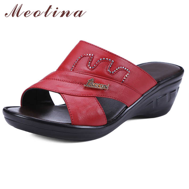 

Meotina Metal Decoration Real Leather Wedge Heels Slippers Crystal Women Shoes Open Toe High Heel Slides Summer Sandals Black 40 210608