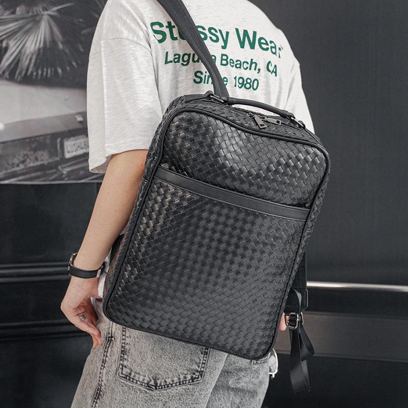 

Backpack Fashion Woven Design Men Teens Student Laptop Schoolbag Outdoor Knitting Leather PU Travel Backbag Handbag Trendy, Black