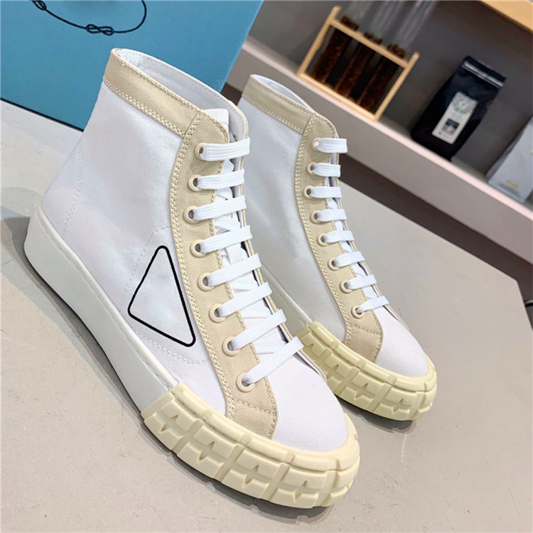 

Designers Women Shoes Cotton Canvas High-top Sneakers With Correct Box Wheel Nylon Trainers Lace Up Rubber Triangle Logo Causal Shoe, 10
