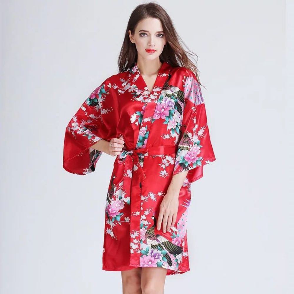 

Summer short sleeve silk like bathrobe pajamas women's cardigan half kimono robe home clothes