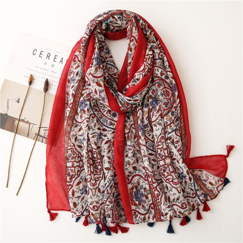 

Scarves Red Print Scarf For Women Spring Autumn Thin Outdoor Travel Shawls Female Tassel Foulard Femme Wholesale